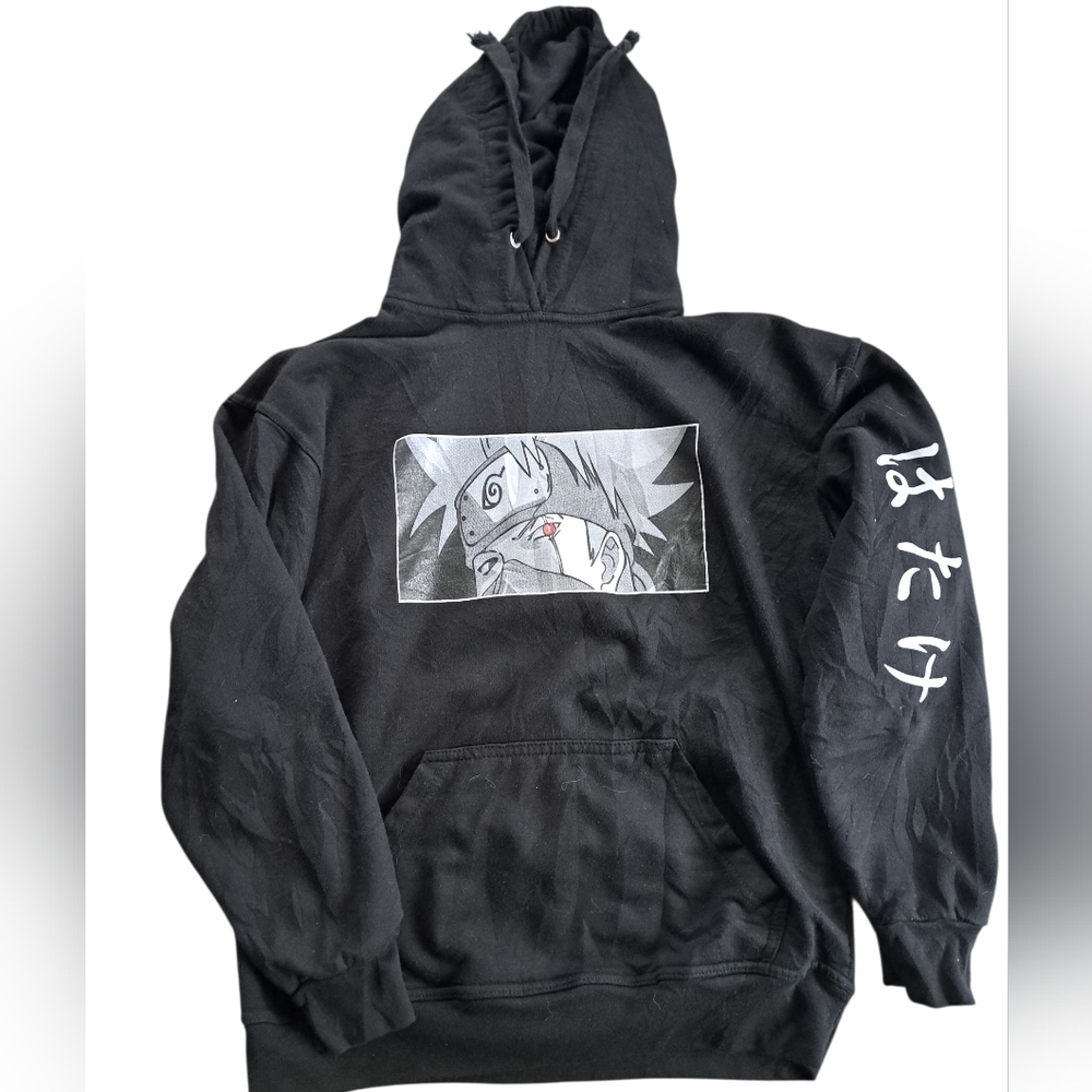 JON LAUREN APPAREL black Hooded Sweater Anime Graphics Symbols Grunge Coastal LG